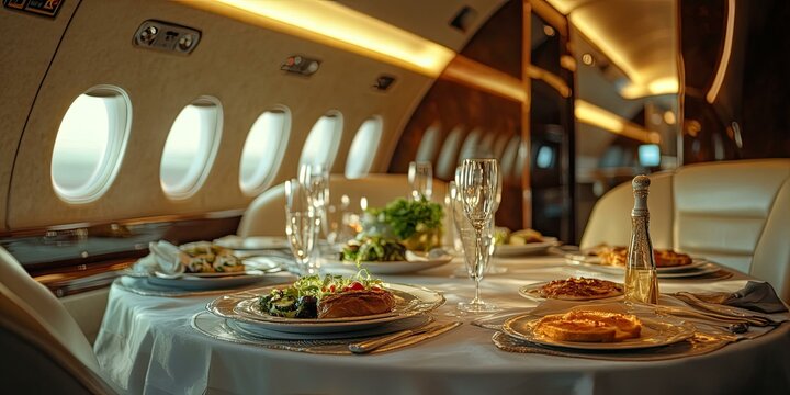 Luxurious dining in a private jet.