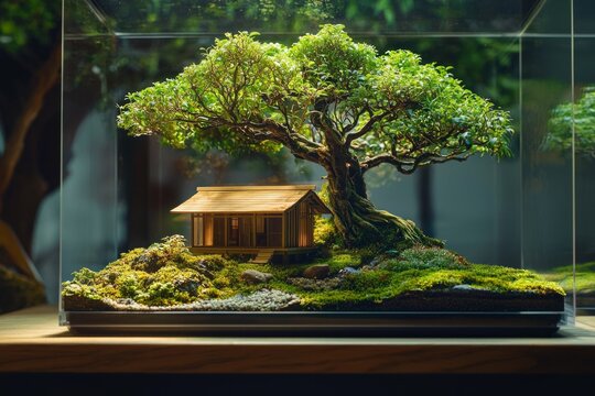 An isolated glass case contain a bonzai tree with green moss and a tiny wooden japanese house. On a table. Soft lighting with dark background. 