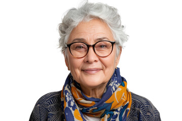 Portrait of a mature woman with a gentle smile, gazing into the camera with calm confidence, isolated on a transparent png background