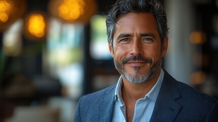 Naklejka premium charismatic latin businessman radiating confidence and warmth captured in a professional headshot with soft lighting and a modern office backdrop