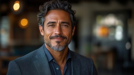 Fototapeta premium charismatic latin businessman radiating confidence and warmth captured in a professional headshot with soft lighting and a modern office backdrop