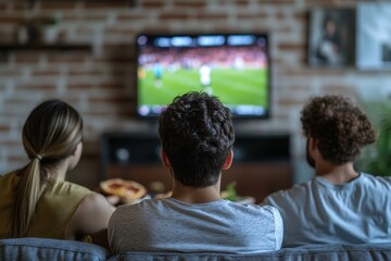 Young Friends Watching Soccer Game on TV in Cozy Living Room with Brick Wall