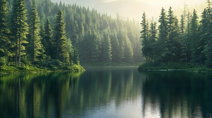 Obraz premium 94. Stunning 3D visualization of a tranquil lake surrounded by dense forest, isolated on a smooth backdrop