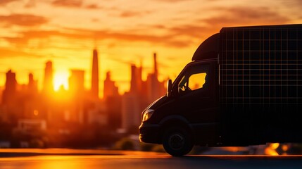 A silhouette of a delivery truck against a vibrant sunset skyline, showcasing urban transport and logistics in a scenic view.