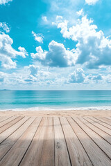 Wooden tables for displaying products against a bright blue beach background. Ai generate.	
