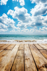 Fototapeta premium Wooden tables for displaying products against a bright blue beach background. Ai generate. 