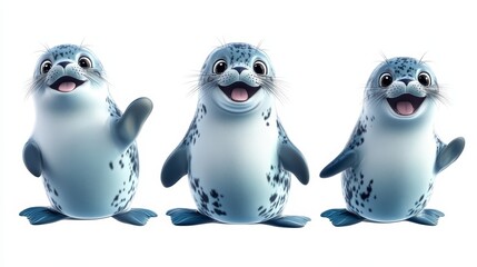 Cute Cartoon Seals Waving   Isolated on White Background