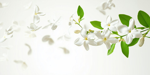 Fototapeta premium This image features delicate white jasmine flowers intricately intertwined with lush green leaves, creating a serene and calming aesthetic that evokes purity and tranquility.