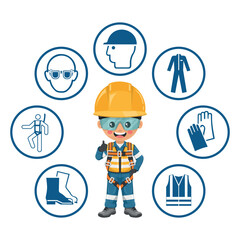 Industrial Safety Engineer  with safety harness and personal protective equipment for working at height and preventing falls. Safety icons. Safety first. Industrial safety and occupational health