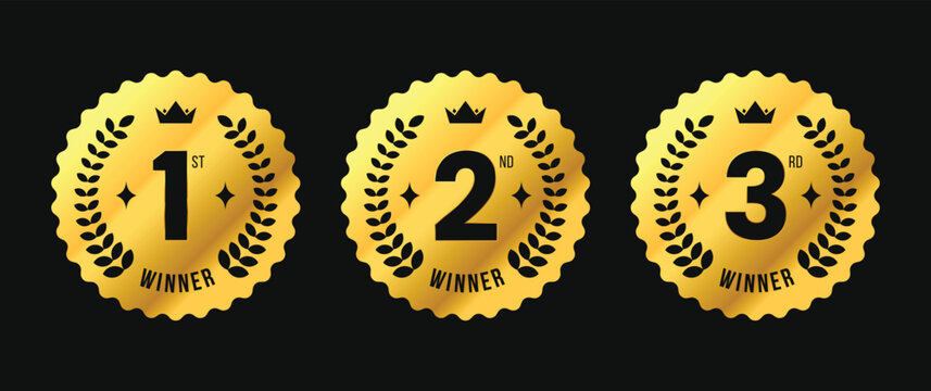 Gold Medal Label for 1st, 2nd, 3rd Place is circular with a crown icon. For certificate, achievement, logo, tag, sign, seal, symbol, badge, stamp, sticker, emblem, . Vector illustration