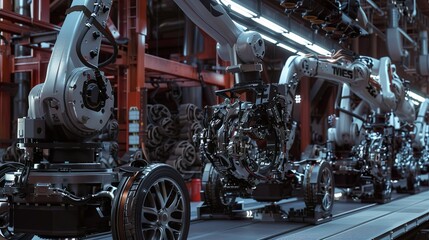 Fototapeta premium Robotic arms working in unison to attach wheels to a car, showing the synchronized movement of the automated machinery.