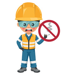 No smoking sign. Engineer smoking a cigarette. Negligence and non-compliance with safety regulations. Personal protective equipment. Industrial safety and occupational health at work