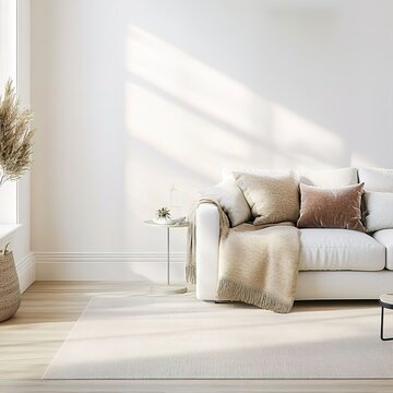 A Cozy Living Room that Features Great Natural Light and Beautiful Elegant Decor Elements Empty Wall Mockup