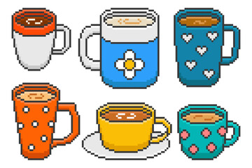 Set of Cute Different Coffee Mugs in Pixel Game Style