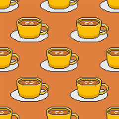 Seamless pattern with yellow pixel mugs. Wallpaper vector illustration with cups