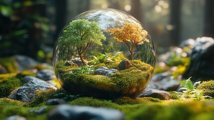 crystal sphere nestled in lush forest miniature ecosystem captured within symbolizes environmental protection and biodiversity