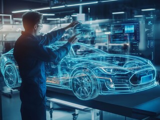 Engineer examining auto design hologram with diagnostic display, showcasing ev car concept