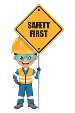 Industrial Safety Engineer holding safety first sign. Engineer with his PPE with reflective safety vest, blue coverall, helmet, safety glasses and gloves. Industrial safety and occupational health