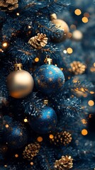 Fototapeta premium Merry Christmas and Happy New Year. Christmas ornaments on tree branch holiday background