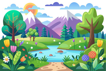 Obraz premium A Serene Spring Landscape with a River Winding Through Lush Green Meadows and Mountains in the Background