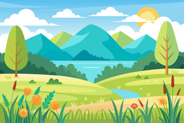 Obraz premium Mountainous Landscape with Lake, River, and Flowers