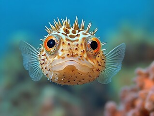 Pufferfish puffed up in selfdefense, its spines creating a striking silhouette, Pufferfish, quirky and defensive