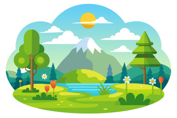 Fototapeta premium A Cartoon Landscape with Mountains, a River, and Trees