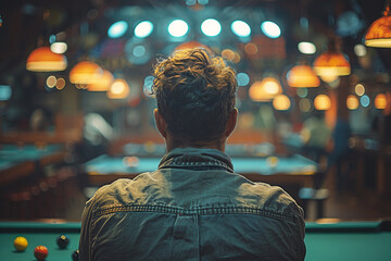 Fototapeta premium Billiards room bar pub club focused pool player beating balls, generative AI illustration