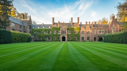 Obraz premium front lawn at an Ivy League university with green grass and hedges, large old building with vine-covered garden walls in the background against blue sky during golden hour
