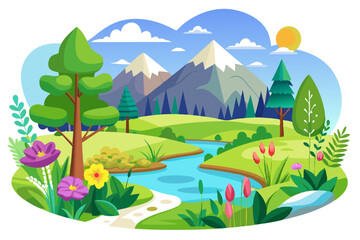 Naklejka premium A Serene Mountain Valley Landscape With A Winding River