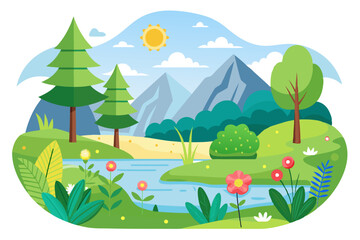 Obraz premium A Colorful Mountain Landscape with a Winding River and Bright Flowers