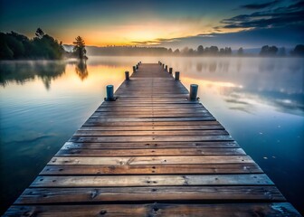 Obraz premium weathered wooden docks dusk mood misty atmosphere rustic tone worn planks creaky silence