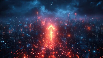 Fototapeta premium dazzling visual metaphor for digital transformation featuring an ascending arrow composed of glowing data points set against a backdrop of futuristic cityscapes and flowing streams of binary code
