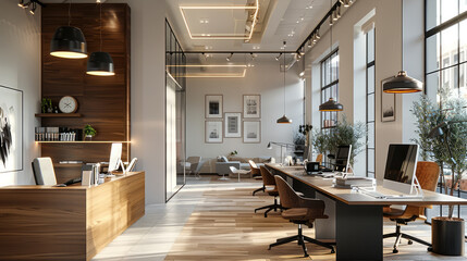 Simple modern open plan company office with tones of white, black and walnut, natural lighting. Generative AI.