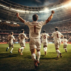 Naklejka premium Striker celebrating after a successful strike, arms raised as teammates rush in, Footie strike, victorious moment