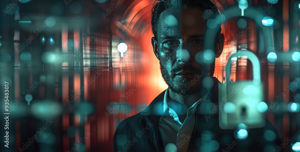 Poster Businessman on blurred background using using digital 3D projection of a padlock. Generative AI.