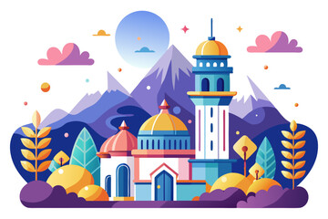 A Mosque with Golden Domes and Minarets in a Mountainous Landscape