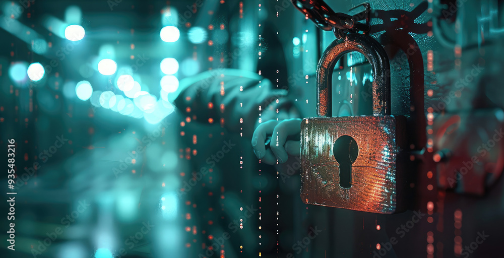 Poster Businessman on blurred background using using digital 3D projection of a padlock. Generative AI.