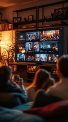 Naklejka premium A few friends gather in a warm living room, bonding and watching a movie together on a big screen while sharing drinks and laughter
