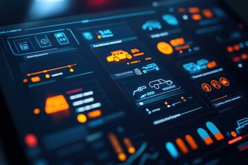Obraz premium Futuristic vehicle dashboard with digital interface and data visualizations in vibrant colors.