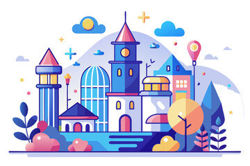 Fototapeta premium Colorful Illustrated Cityscape with Buildings and Trees