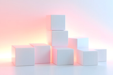 Obraz premium Minimalist Geometric Cube Arrangement with Soft Pastel Gradient Lighting, Clean White Cubes in Abstract Composition