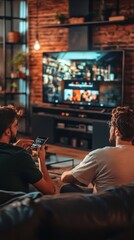 Obraz premium Two friends lounge comfortably in a stylish living room, watching television and browsing their phones during a relaxed evening
