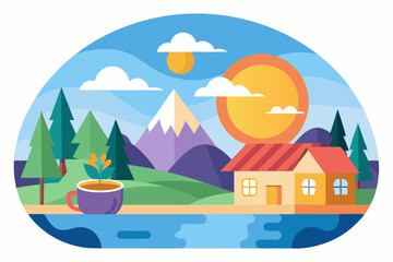Fototapeta premium A Colorful Illustration of a House with a Mountain View