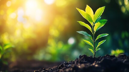 Close up of small tree growing with sunshine in garden. eco concept