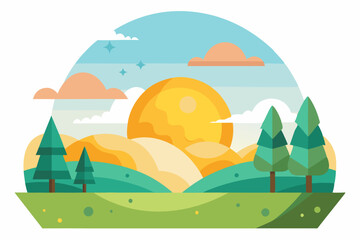 Stylized Illustration of a Sunset Over a Mountain Landscape with Trees