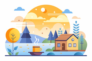 A Cozy Cottage with a Cup of Coffee by the Lake at Sunset