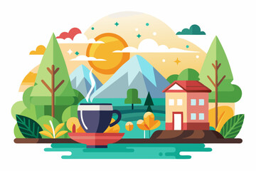 A Steaming Cup of Coffee in a Mountainous Landscape with a House
