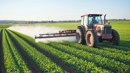 Farmer operating a tractor to spray crops in a green field during daylight hours