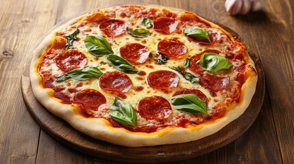 A delicious pepperoni pizza with basil leaves on a wooden board.